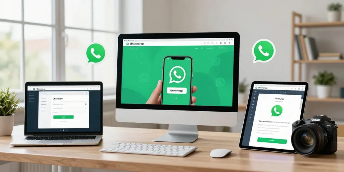 Effortlessly WhatsApp下載 on multiple devices shown in a modern home office