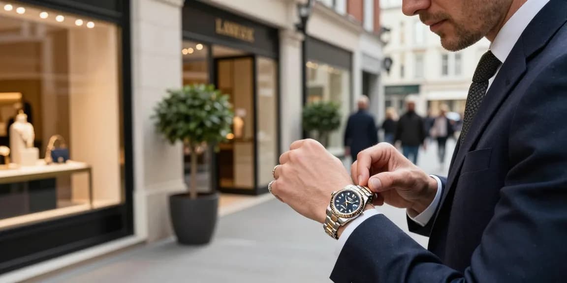 Individual showcasing rolex super clone watches in an upscale urban setting with fashionable elements.