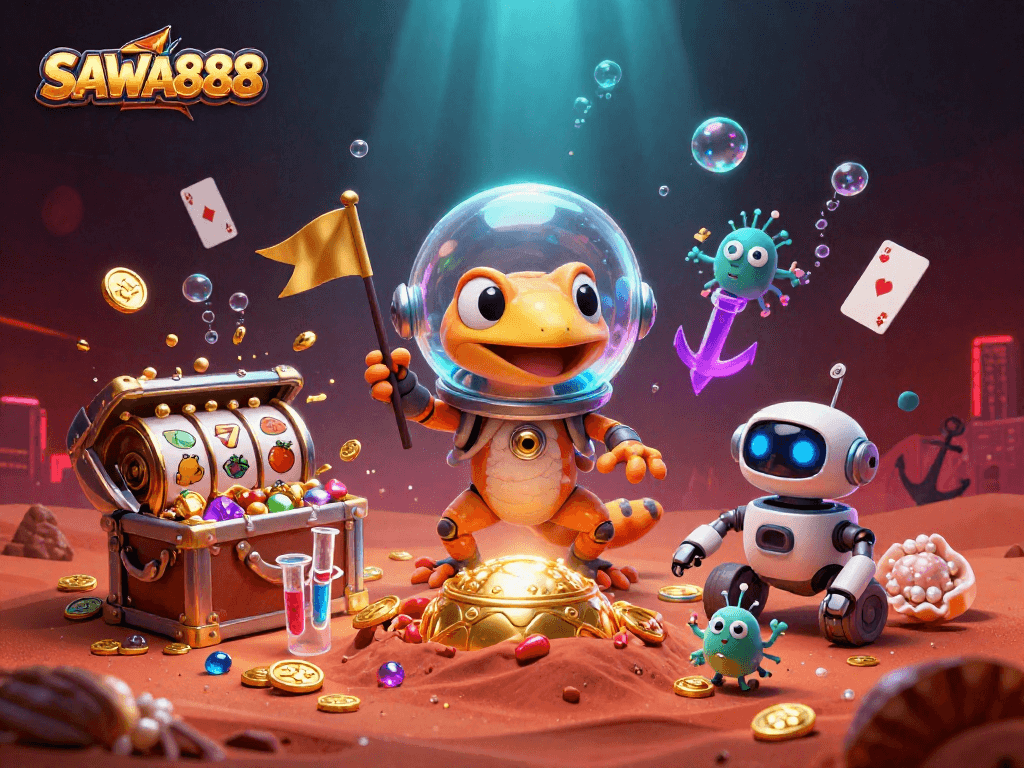 SAWA888 Martian gecko uncovers a vibrant casino, surrounded by gold and lively game elements.