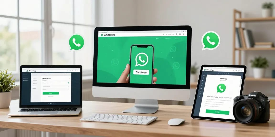 Effortlessly WhatsApp下載 on multiple devices shown in a modern home office