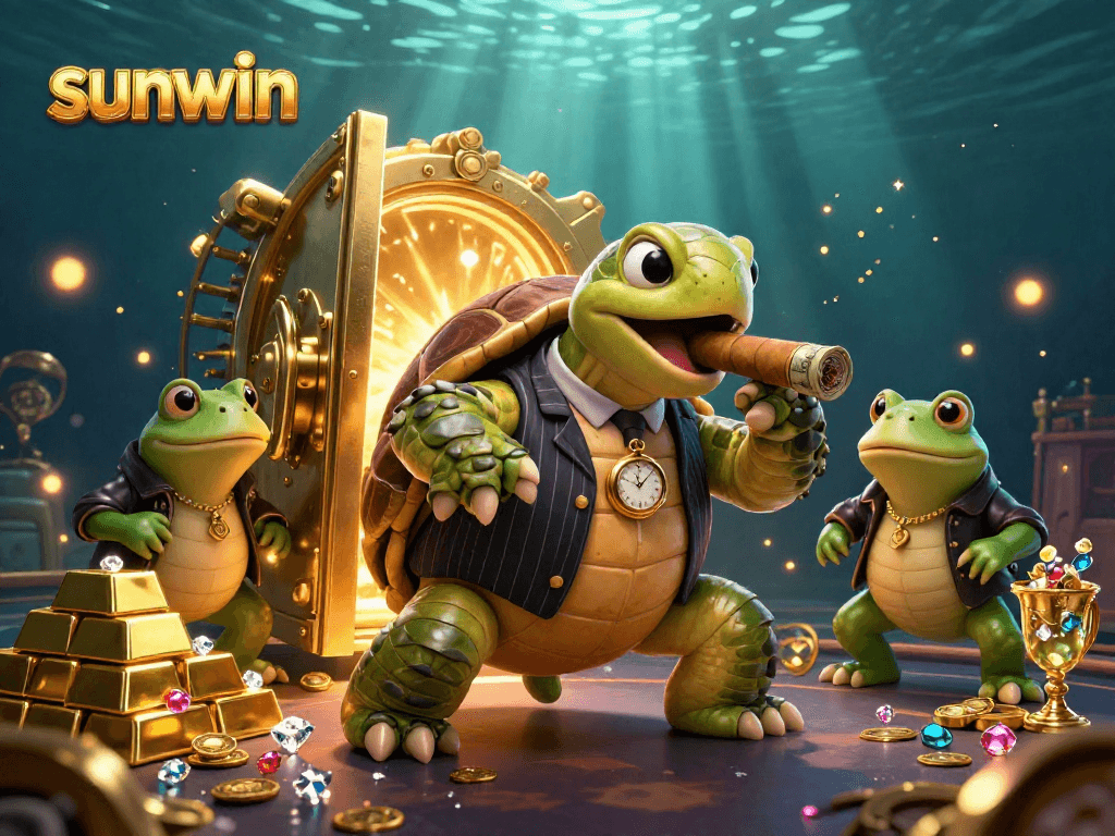 Engage with sunwin's vibrant casino scene featuring a turtle mobster and bullfrog enforcers.