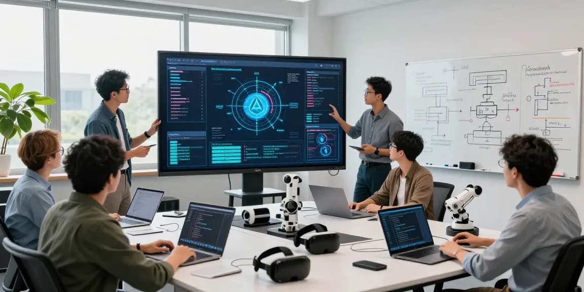 Dynamic tech lab scene with engineers collaborating on agentic AI technologies, showcasing innovative problem-solving.