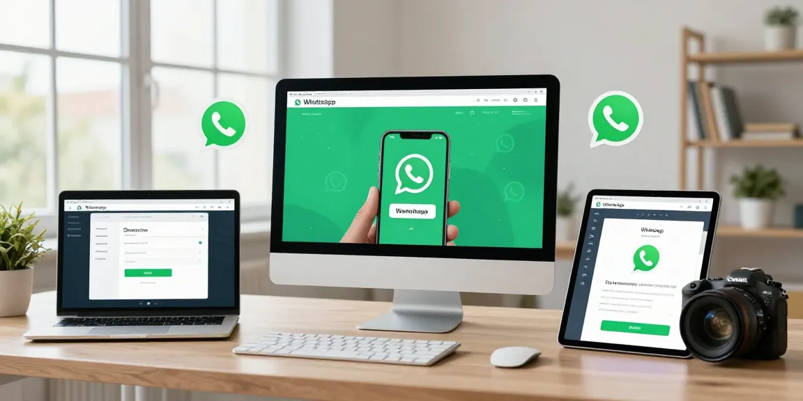 Effortlessly WhatsApp下載 on multiple devices shown in a modern home office