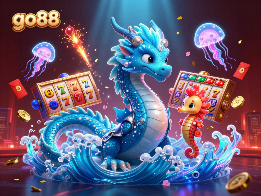 Experience thrilling gameplay at go88 with a vibrant 3D dragon and seahorse knight illustration.