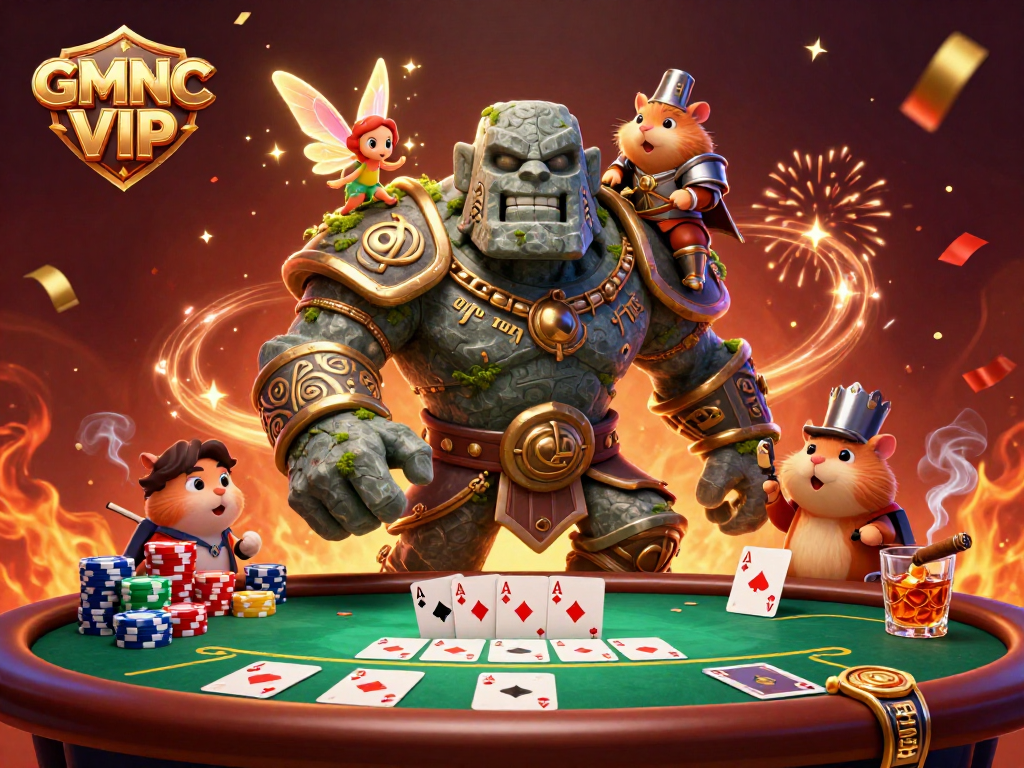 Engaging the action with GMNC VIP: Magical golem and knight at a lively poker table.