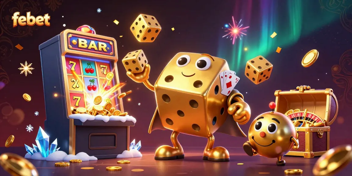 Experience the excitement of febet with a vibrant 3D casino scene featuring golden dice and a jackpot explosion.