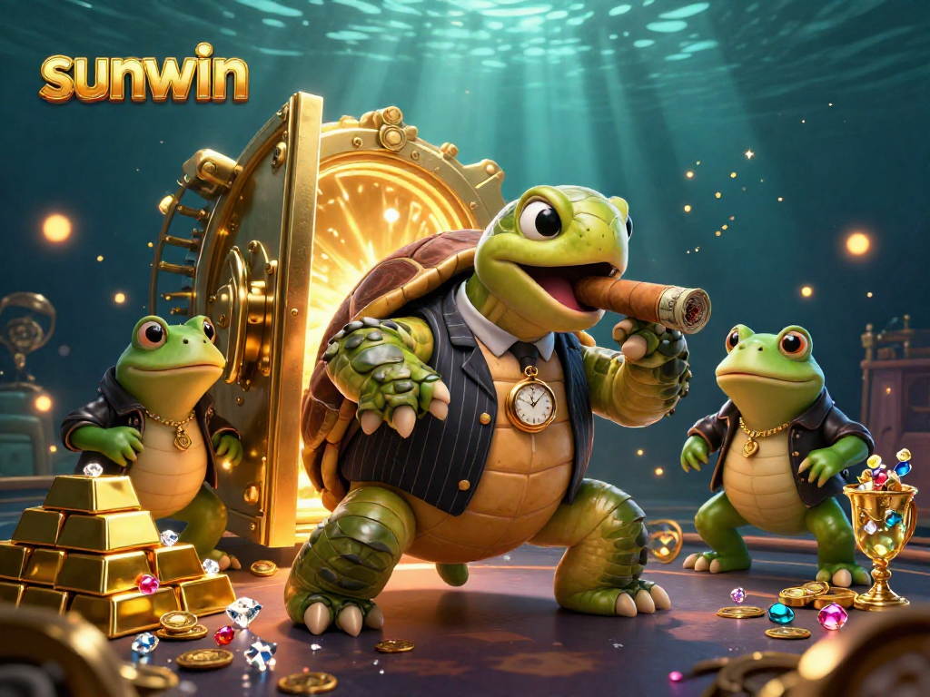 Engage with sunwin's vibrant casino scene featuring a turtle mobster and bullfrog enforcers.