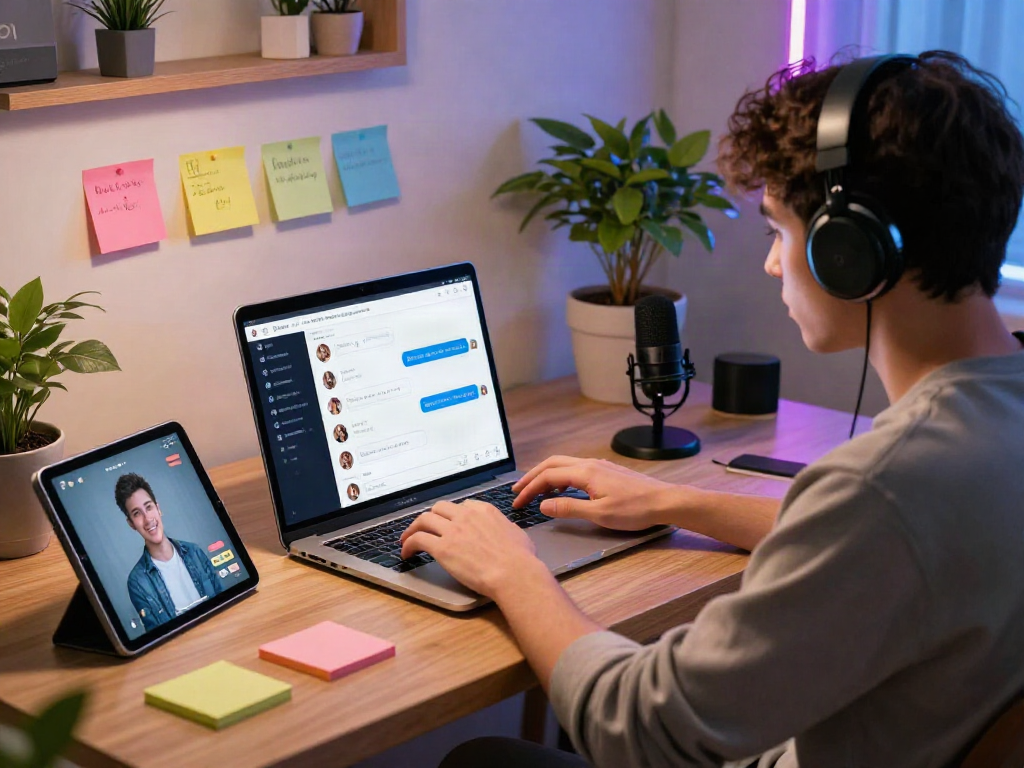 AI porn chat scene showcasing an interactive conversation setup with a laptop and vibrant workspace.