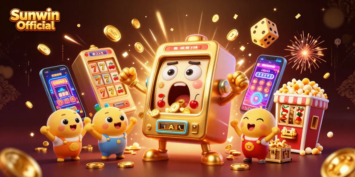 Win big at Sunwin Official with a thrilling scene of a jubilant slot machine amidst cascading coins and game elements.