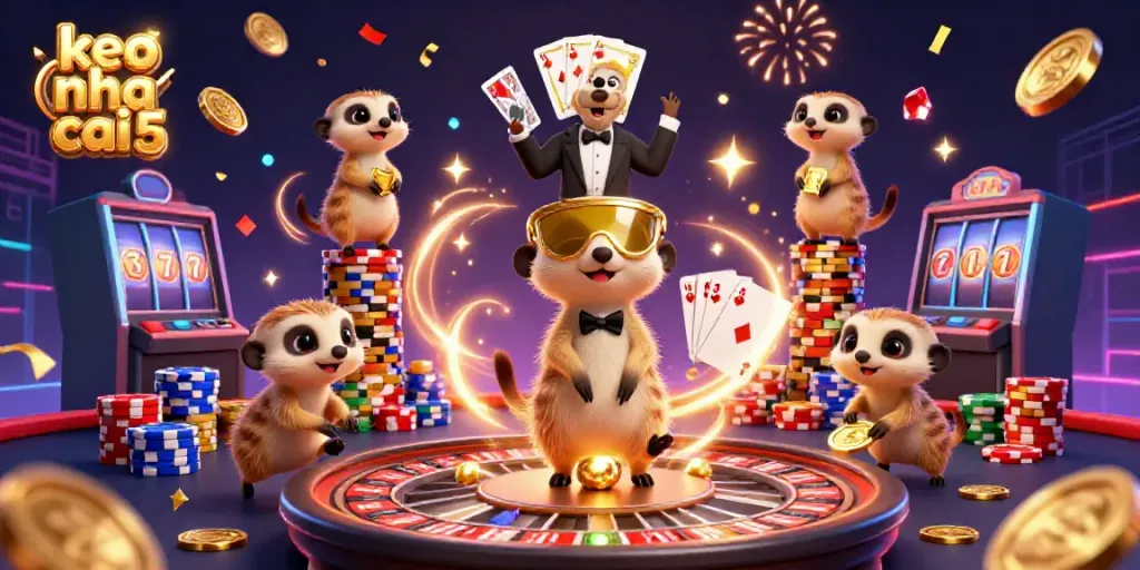 Engaging meerkats operating a lively casino scene with keo nha cai 5 elements and sparkling rewards.