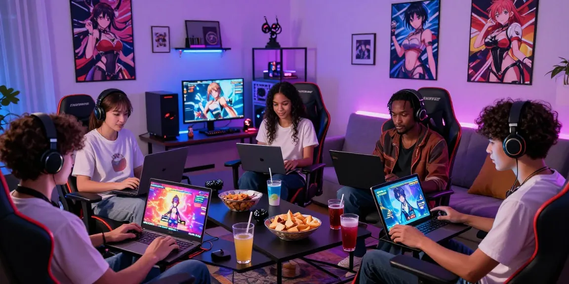 Group of friends enjoying a hentai game night, surrounded by anime decor and gaming devices.