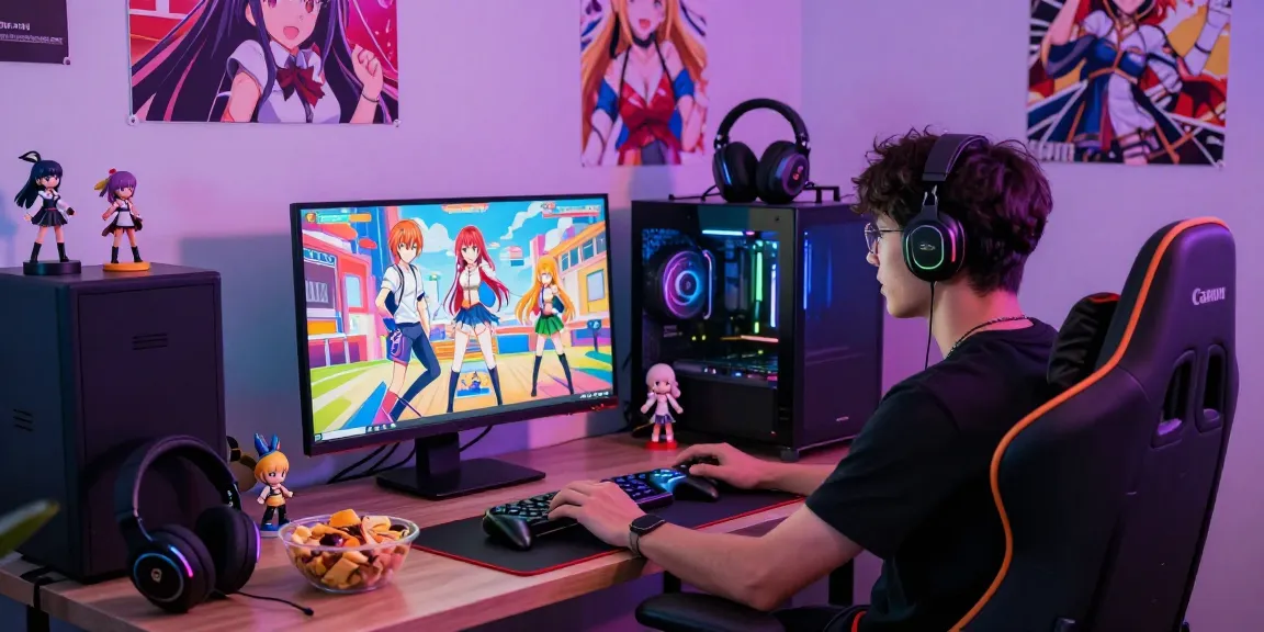 Engaged gamer experiencing ecchi games in colorful gaming space with anime decorations and snacks.