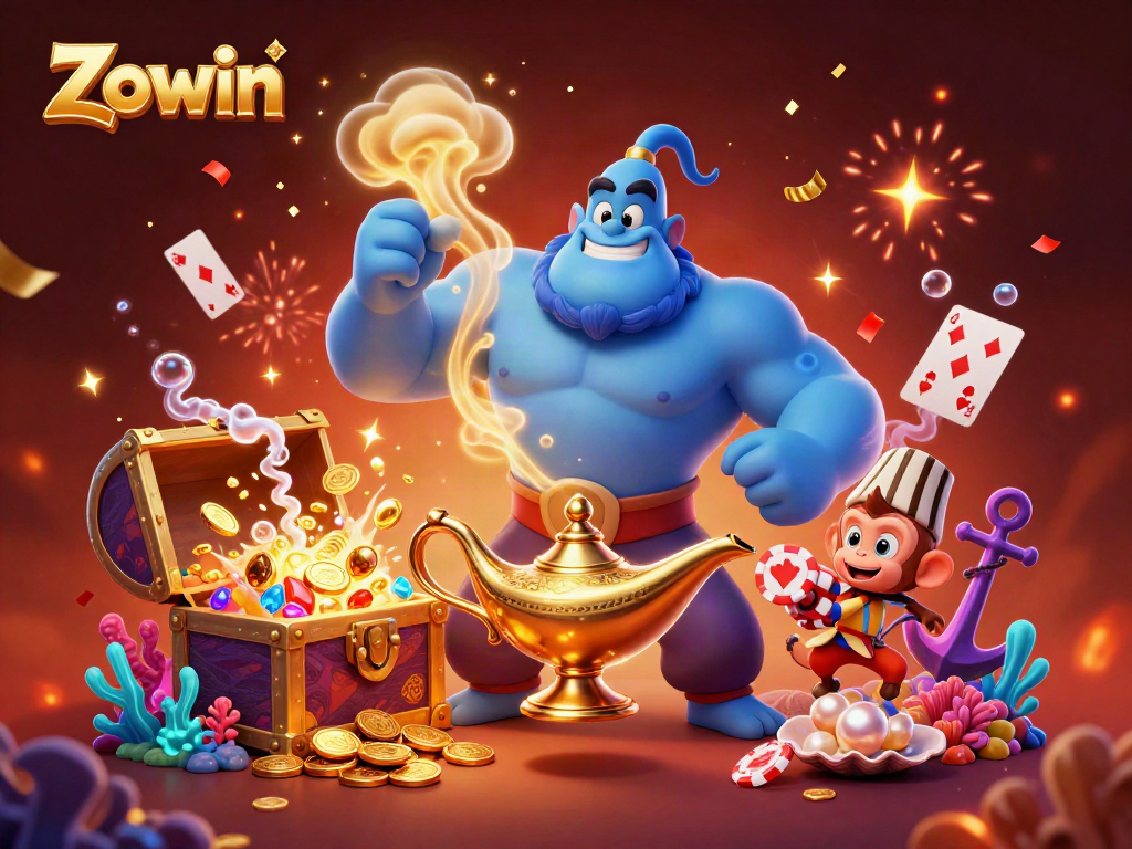 Zowin's vibrant casino illustration featuring characters and exciting gambling elements.