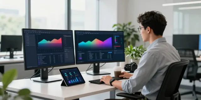 Instant indexing tools in a modern tech workspace showcasing analytics and API documentation