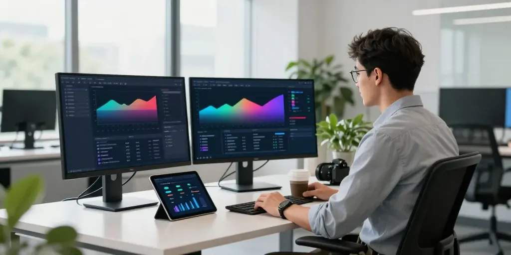 Instant indexing tools in a modern tech workspace showcasing analytics and API documentation