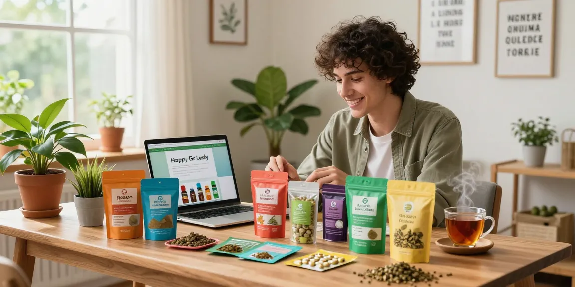 HappyGoLeafy products showcased in a cozy home environment with a happy individual browsing online.