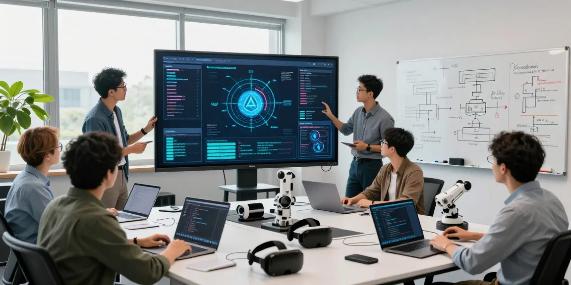 Dynamic tech lab scene with engineers collaborating on agentic AI technologies, showcasing innovative problem-solving.