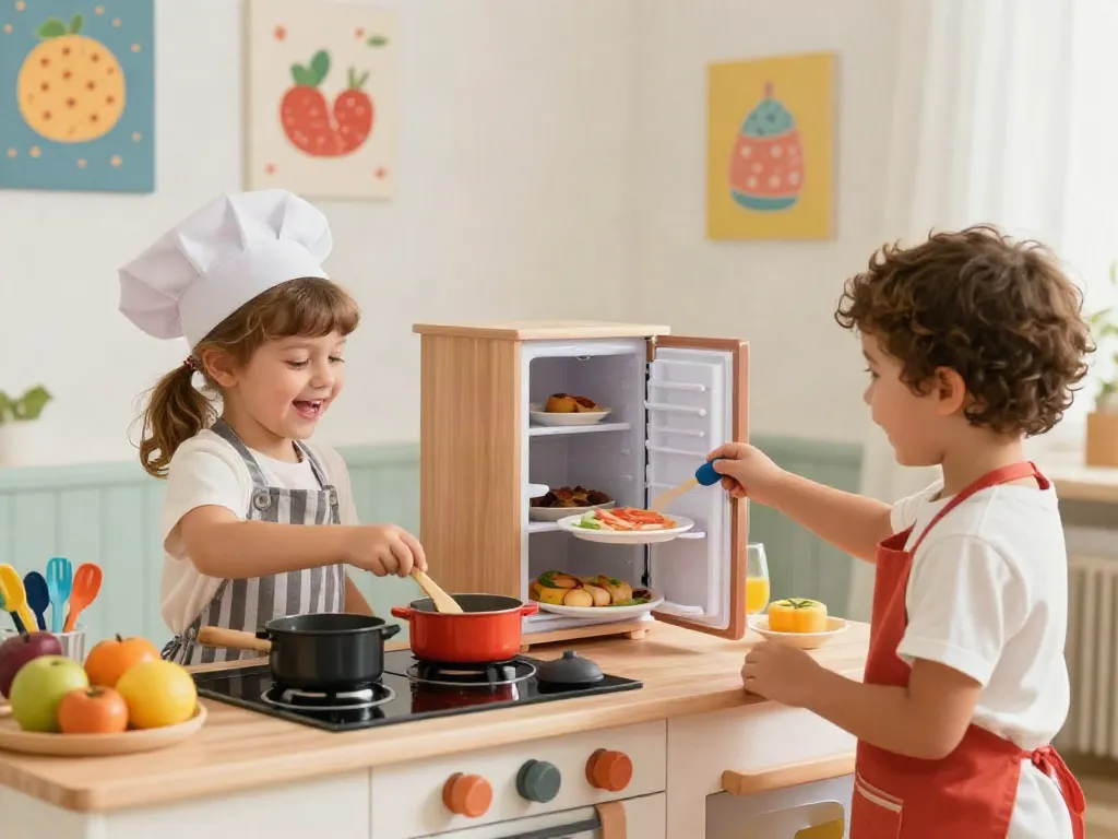 A child playing in a colourful play kitchen, stirring a pot and having fun.