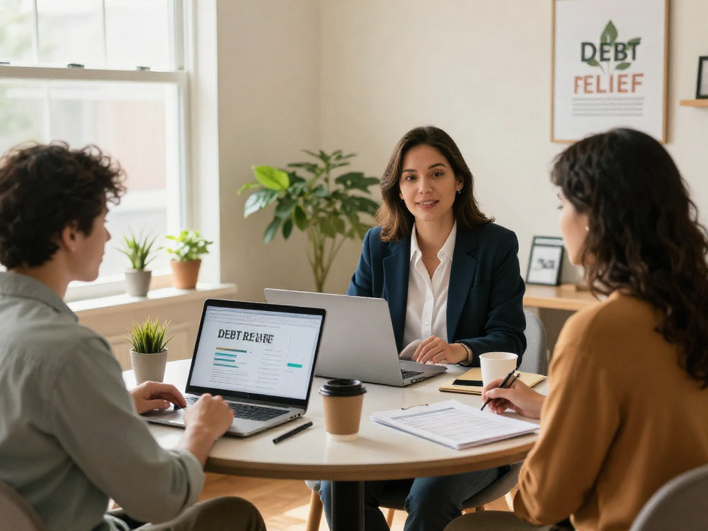 Consultation scene for debt relief Canada with financial advisor helping a couple understand options and plans.