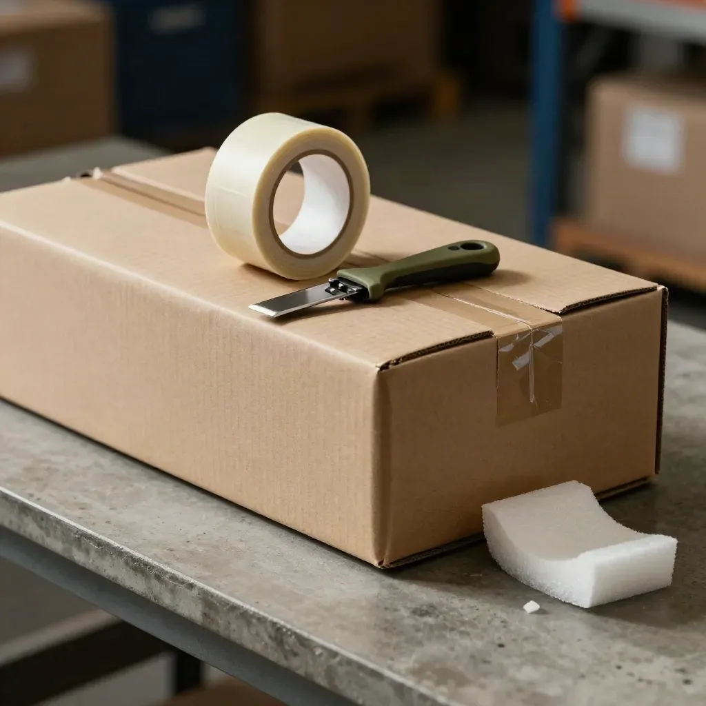 Parcel box, kraft tape roll, packing knife and foam inserts on a concrete packing bench.