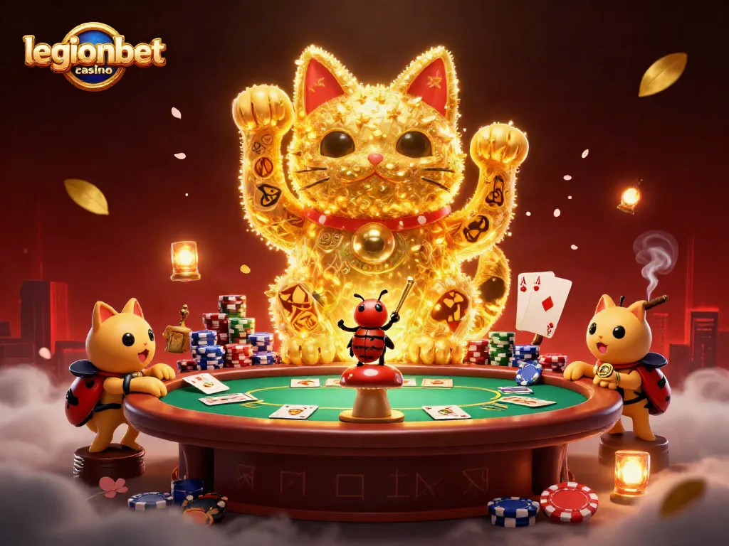 Exciting scene at legionbet casino with a lucky cat formed by golden fireflies and vibrant poker elements.