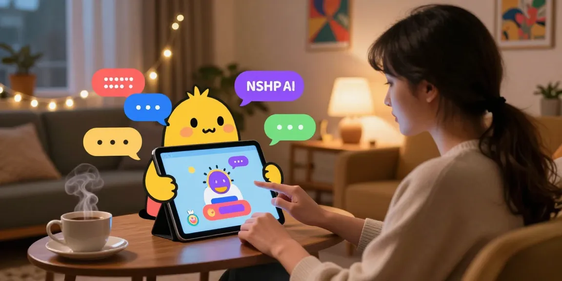 Experience engaging NSFW AI chat in a cozy digital lounge, user interacting with cartoonish AI character.