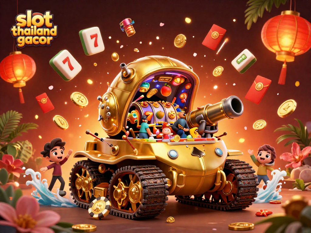 Experience the vibrant action of slot thailand gacor with spinning reels and confetti-filled scenes.