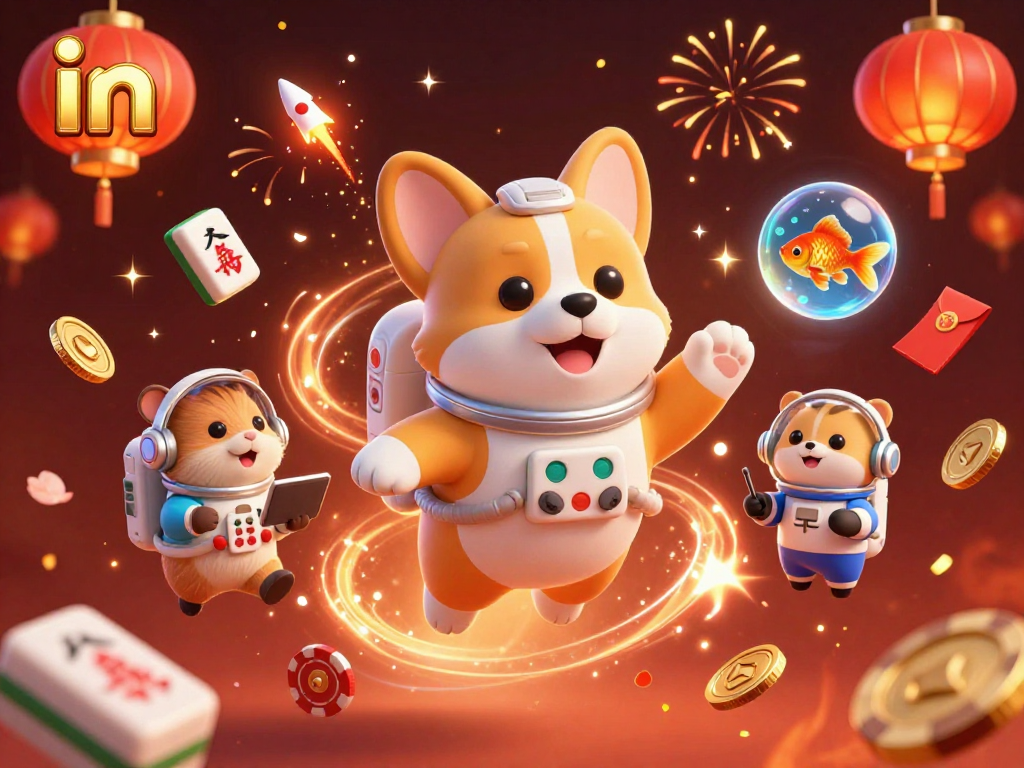 Play your odds in a vibrant online casino scene with a 3D corgi astronaut amidst floating treasures