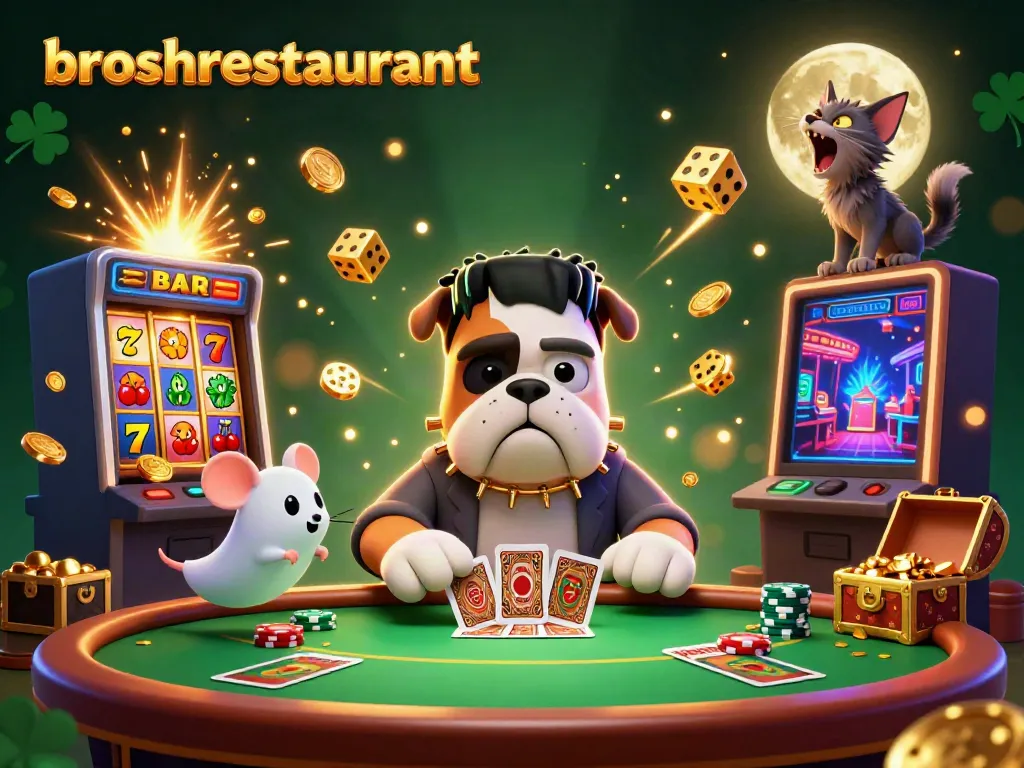 Engage in playful card dealings at broshrestaurant's dynamic casino scene featuring vibrant characters and action.