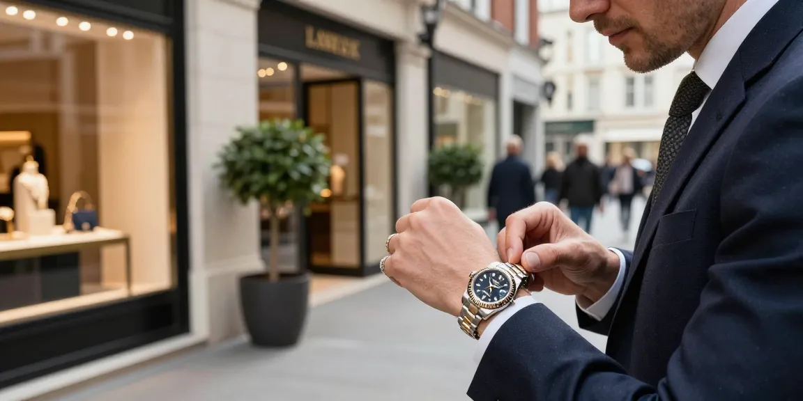 Individual showcasing rolex super clone watches in an upscale urban setting with fashionable elements.