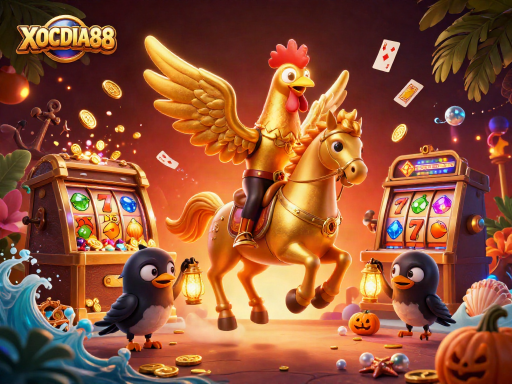 Experience thrilling wins at XOCDIA88 in this vibrant casino illustration packed with slot game excitement.