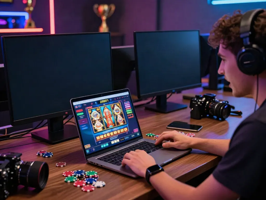 Engaged player enjoying DEBET's online gaming platform with vibrant casino visuals and gaming chips.