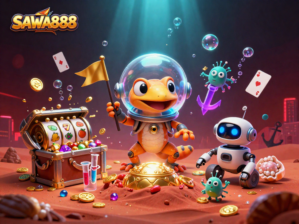 SAWA888 Martian gecko uncovers a vibrant casino, surrounded by gold and lively game elements.