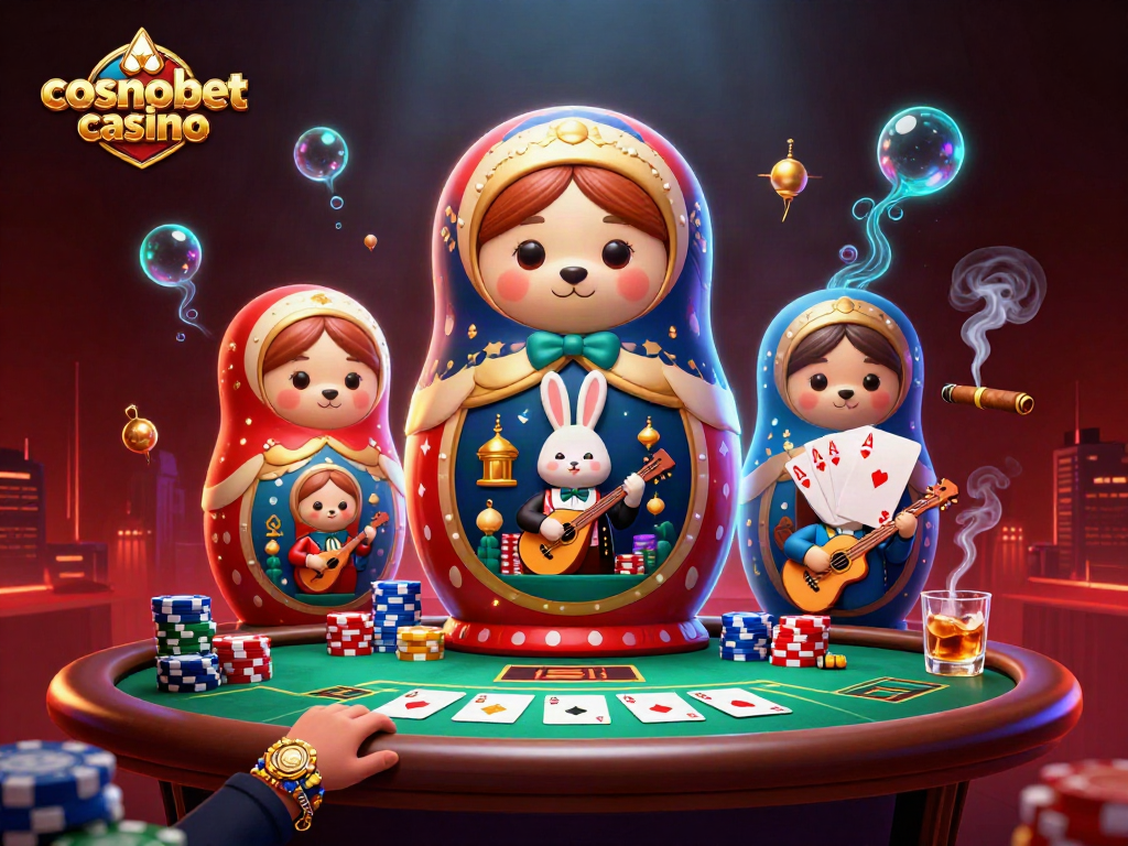 Play at cosmobet casino with vibrant 3D illustration of bears and dealers showcasing poker excitement.