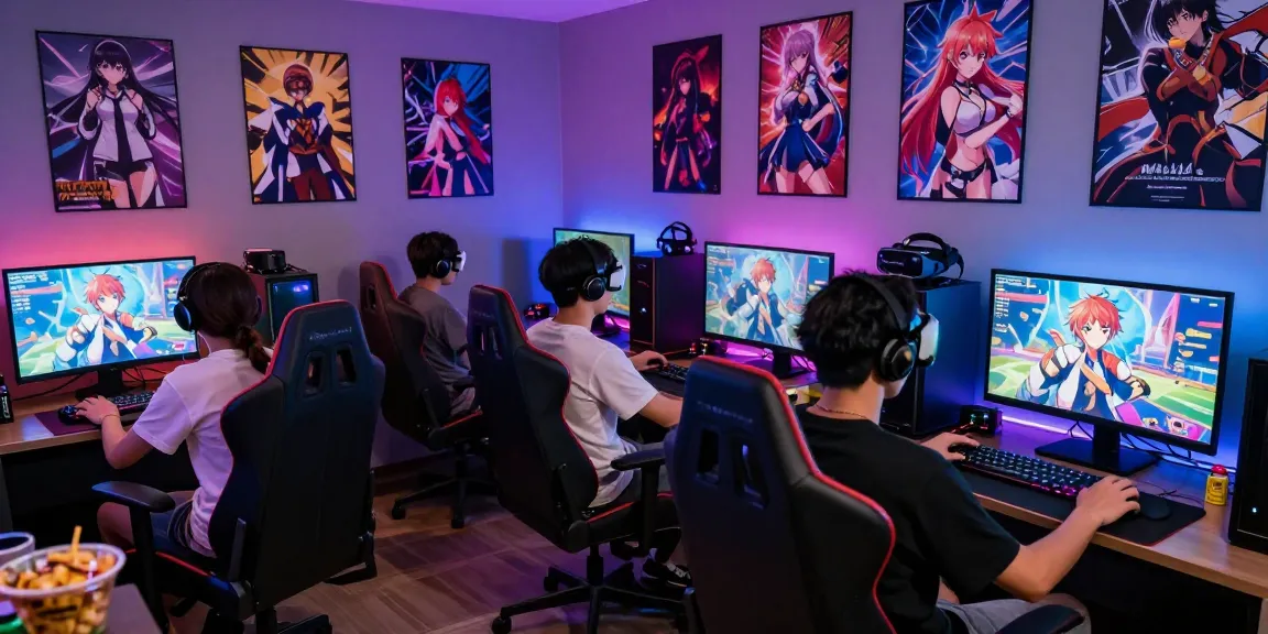 Friends enjoying hentaigames in a lively gaming setup with engaging visuals.