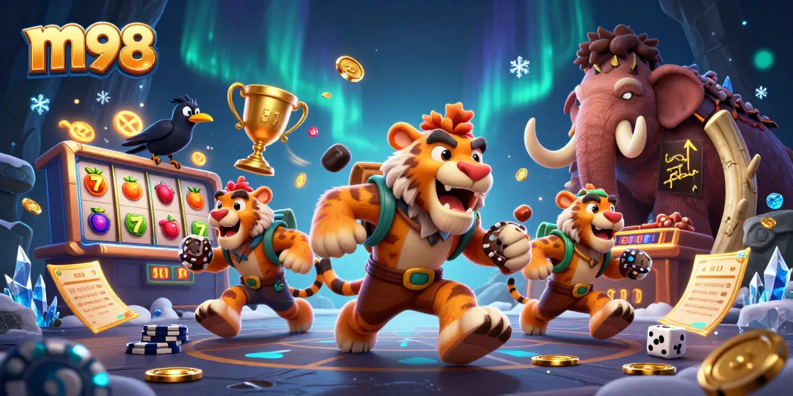 Experience vibrant m98 slot gaming with a lively prehistoric casino scene packed with playful characters.